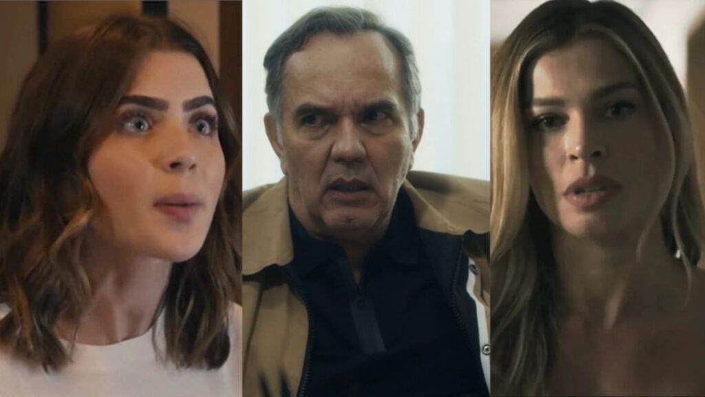 A l t: "Resumo "Travessia": Chiara (Jade Picon) descobre passado de Débora (Grazi Massafera) e questiona Guerra (Humberto Martins) sobre o ocorrido."