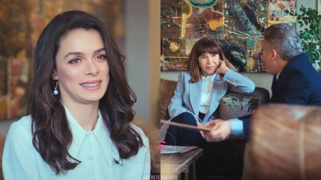 Atriz que interpreta Bahar sorri durante reunião com executivos ao lado de Fazilet em cena da novela Força de Mulher, na Globo.