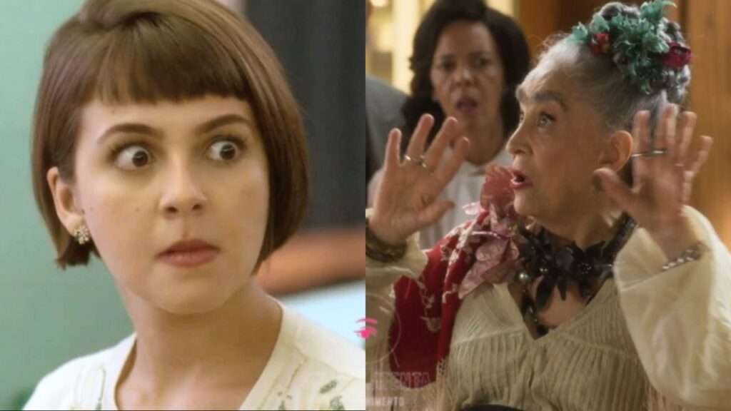 Montagem com duas cenas da novela Garota do Momento. À esquerda, Teresa (assustada) com os olhos arregalados. À direita, Talia Taturana com expressão de surpresa e as mãos levantadas, enquanto Eugênia observa ao fundo, impactada.