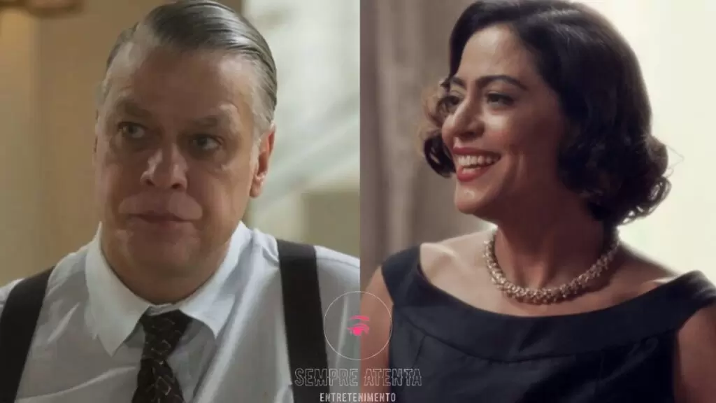 Juliano sério e Clarice sorridente em cenas da novela Garota do Momento, simbolizando o contraste entre prisão e libertação.