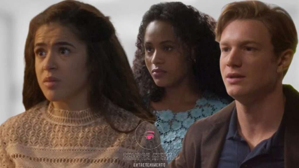 Maisa como Bia, Duda Santos como Beatriz e Pedro Novaes como Beto em cena tensa de 'Garota do Momento'