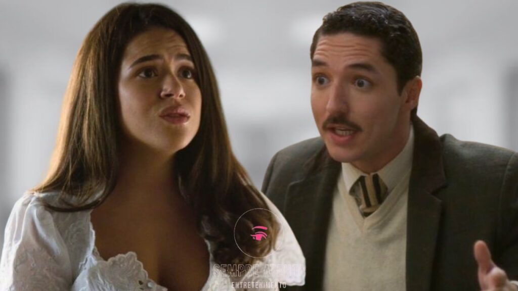 Bia (Maisa Silva) encara Ronaldo (João Vitor Silva) em uma conversa intensa; ela está visivelmente abalada, enquanto ele parece surpreso e firme, em cena da novela Garota do Momento.