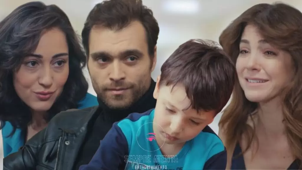 Kismet, Cem, Arda e Ceyda em momento decisivo sobre a guarda do menino na novela Força de Mulher