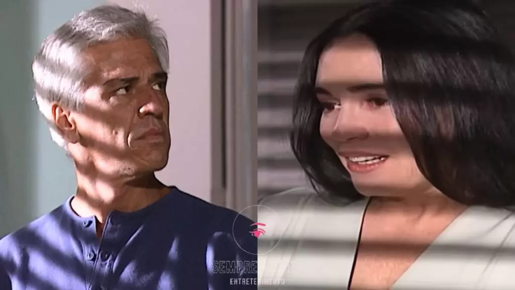 Assunção encara Helena com seriedade enquanto ela sorri emocionada, em cena de reconciliação na novela História de Amor.