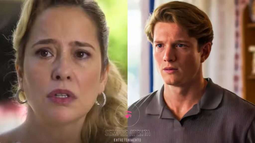 Lígia assustada e Beto em cena tensa da novela Garota do Momento